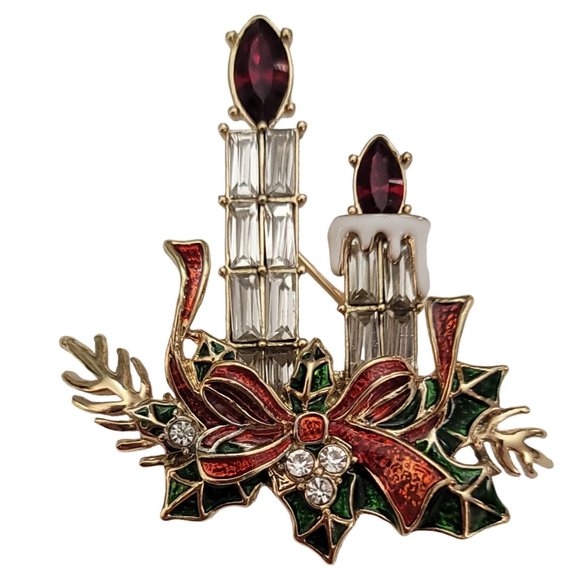 Napier Clear Red Rhinestone Baguette Candle Holly Christmas Brooch, Signed K701 - Picture 1 of 8